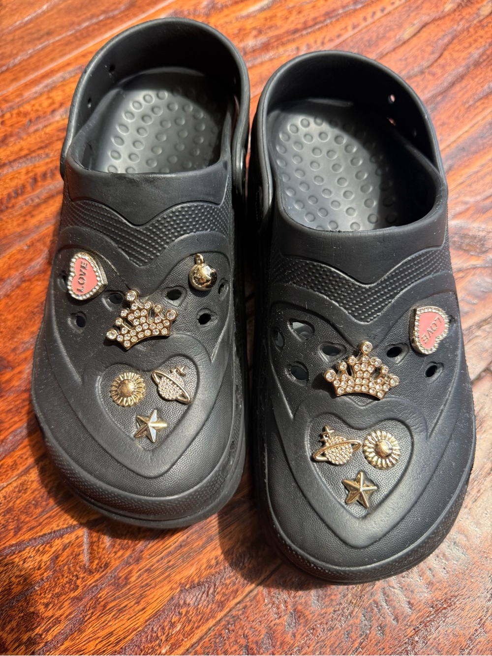 Black Slip-On Clog Shoes with charms & rhinestones